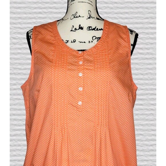 LL Bean MED Coral Sleeveless Pintuck Cotton Maxi Dress Polka Dot Prairie Modest - Picture 3 of 6